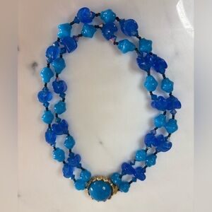 Vintage Mid Century Blue Glass Double Strand Necklace Filigree Clasp 16”